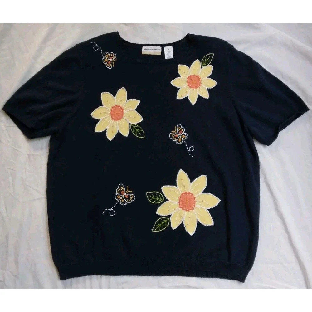 Alfred Dunner Sweater Navy Yellow Sunflower Cottagecore Grannycore Women's 2X